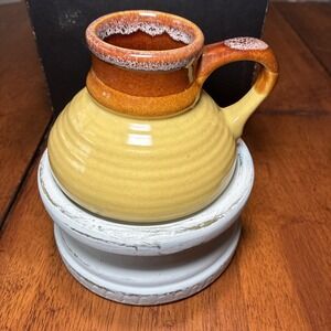 Ceramic Travel Coffee Mug Vintage, No Spill, Wide Flat Bottom, Brown-yellow